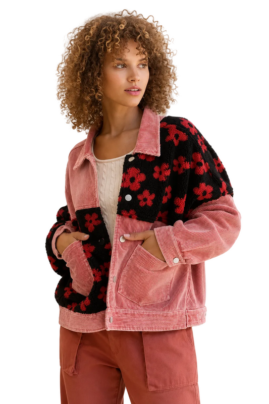 Corduroy Patchwork Jacket with Floral Contrast Panels