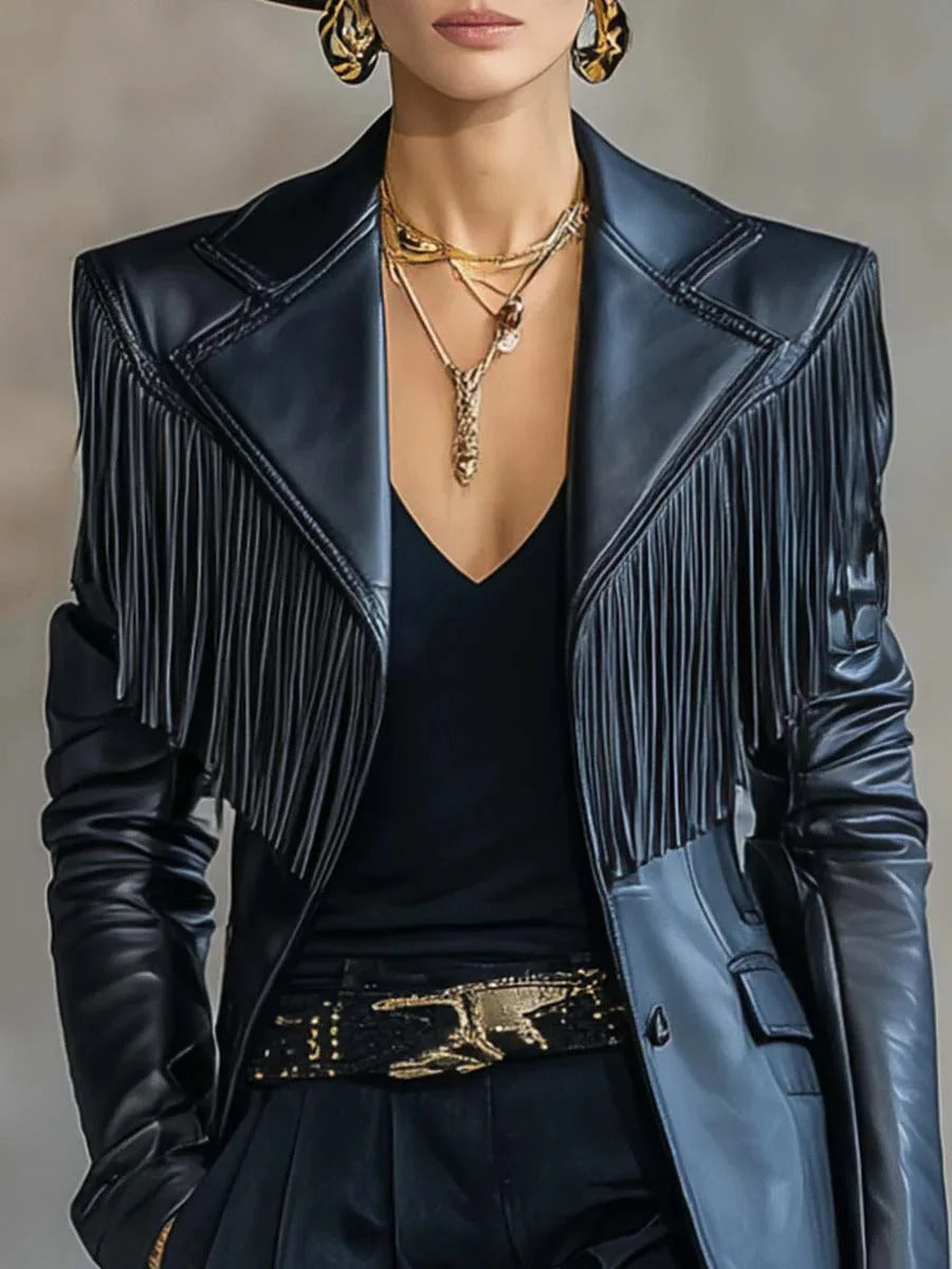 Fringe Faux Leather Blazer Jacket in Black