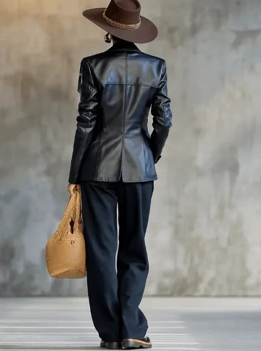 Fringe Faux Leather Blazer Jacket in Black