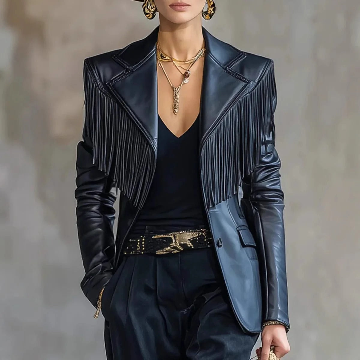 Fringe Faux Leather Blazer Jacket in Black