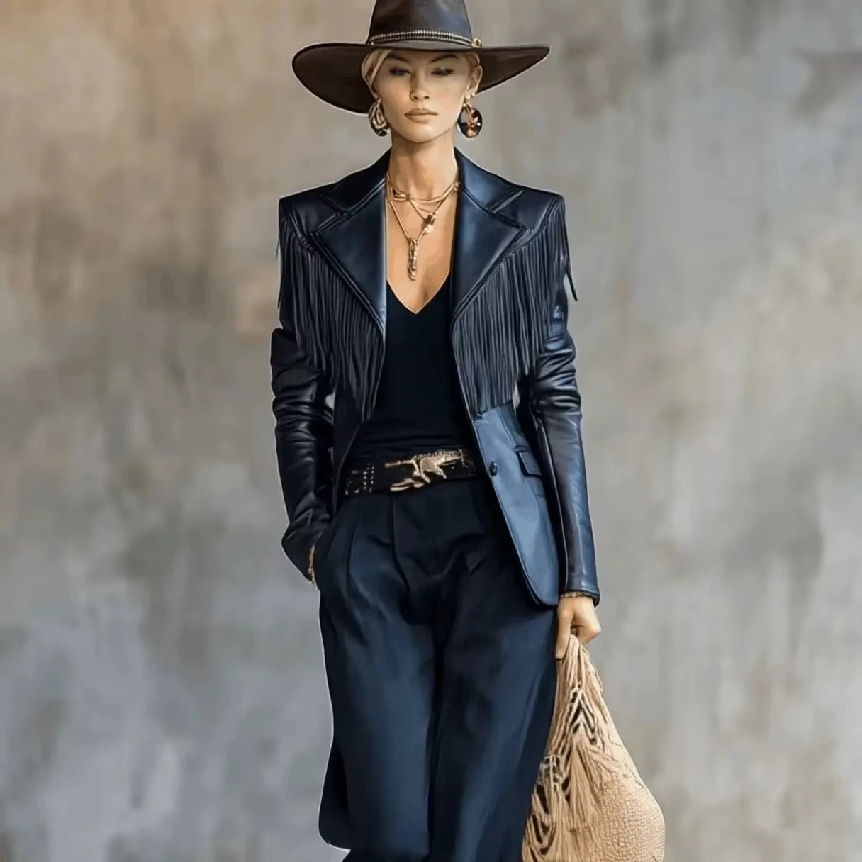 Fringe Faux Leather Blazer Jacket in Black