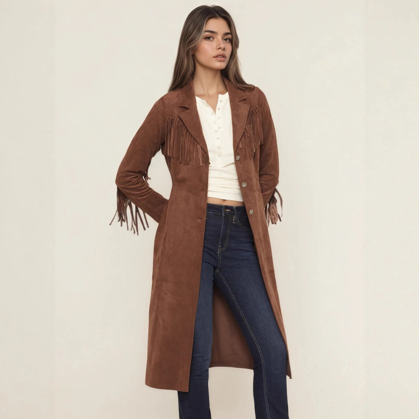 Fringe Suede Long Coat in Brown