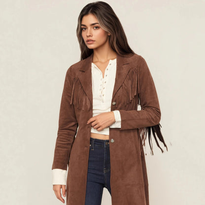 Fringe Suede Long Coat in Brown