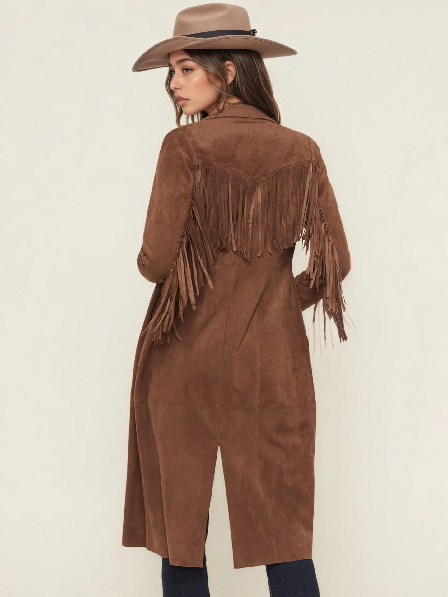 Fringe Suede Long Coat in Brown