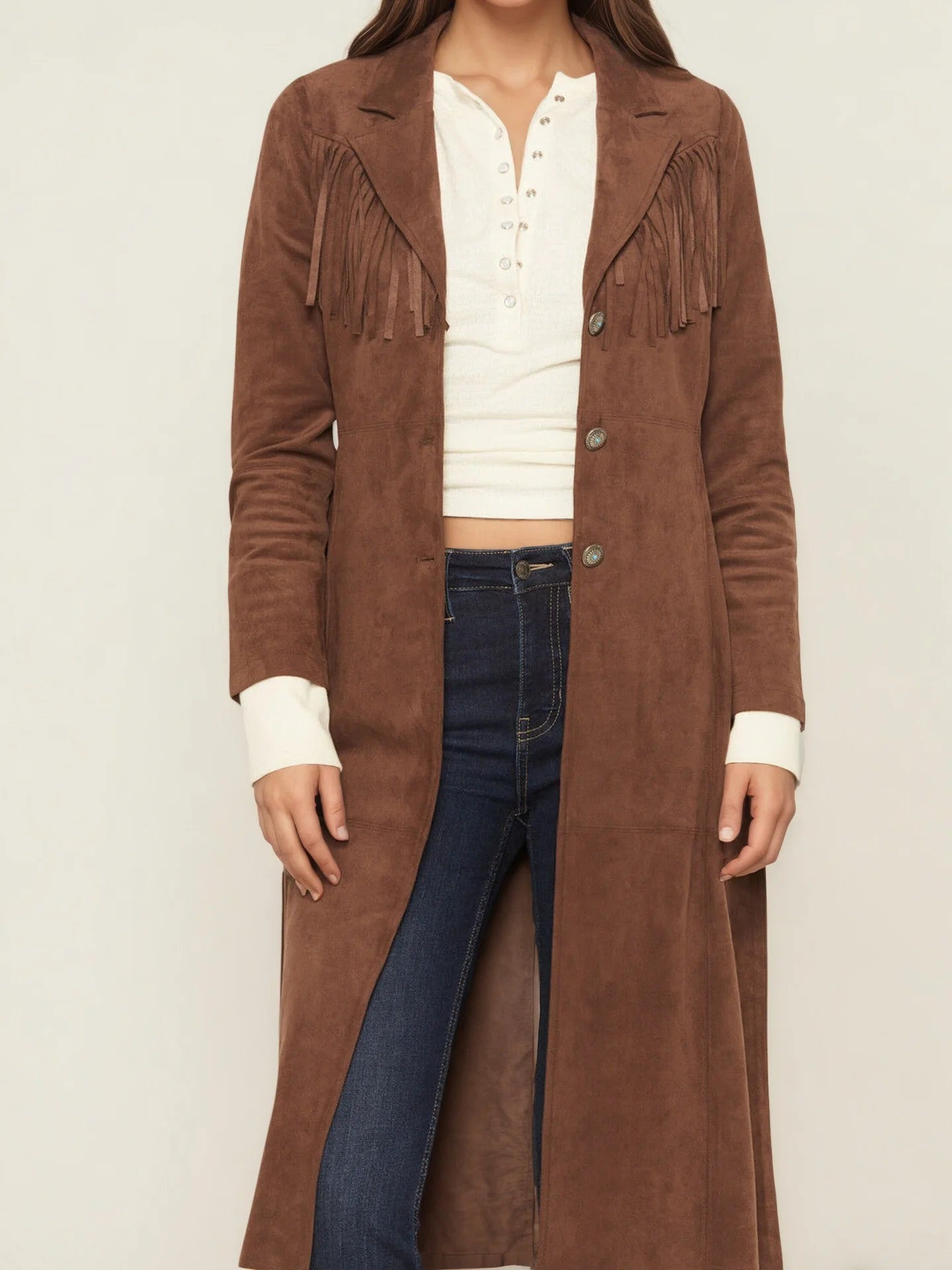 Fringe Suede Long Coat in Brown
