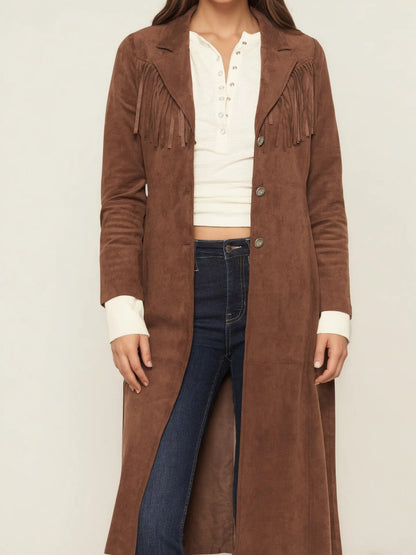 Fringe Suede Long Coat in Brown