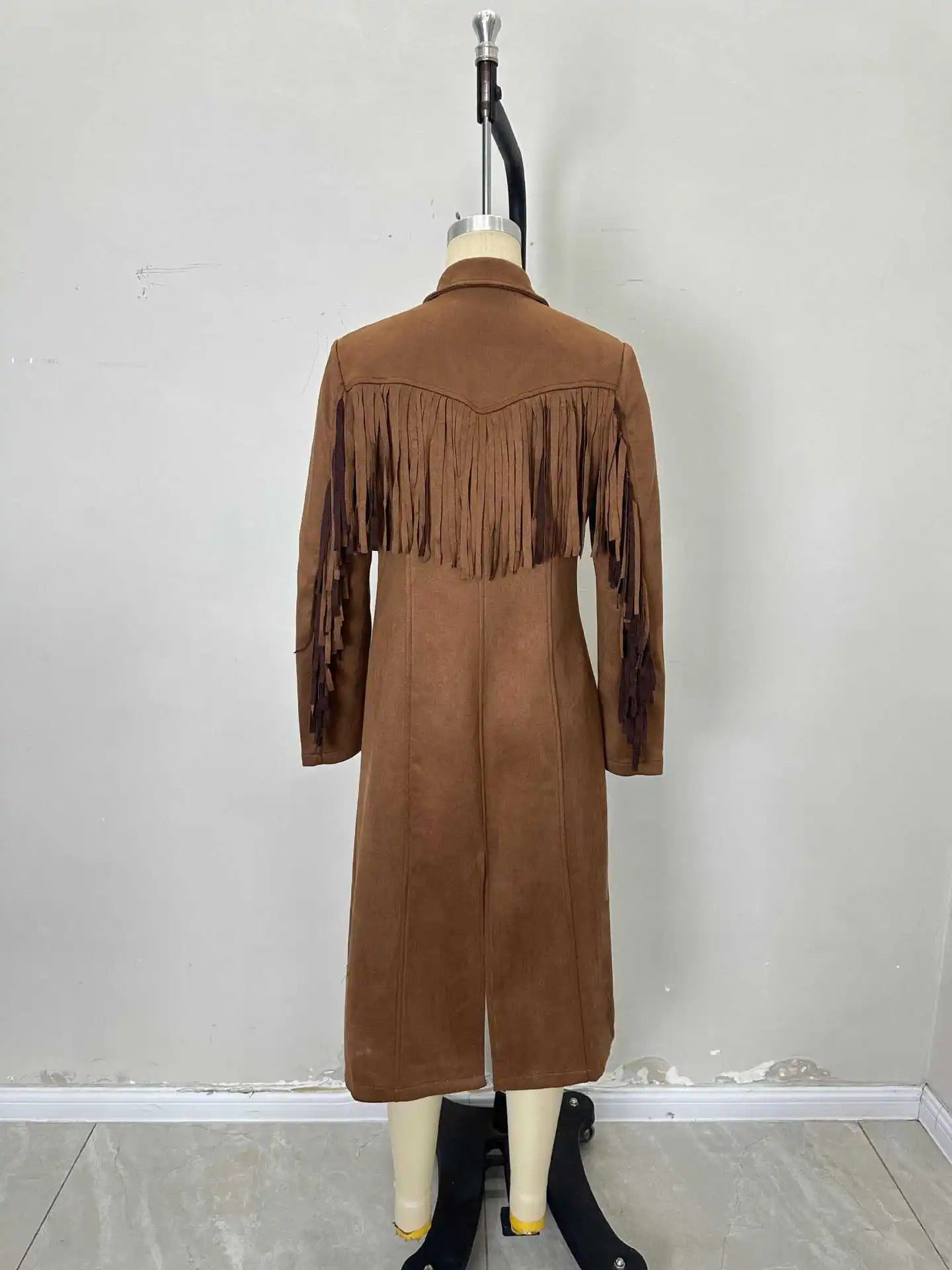 Fringe Suede Long Coat in Brown
