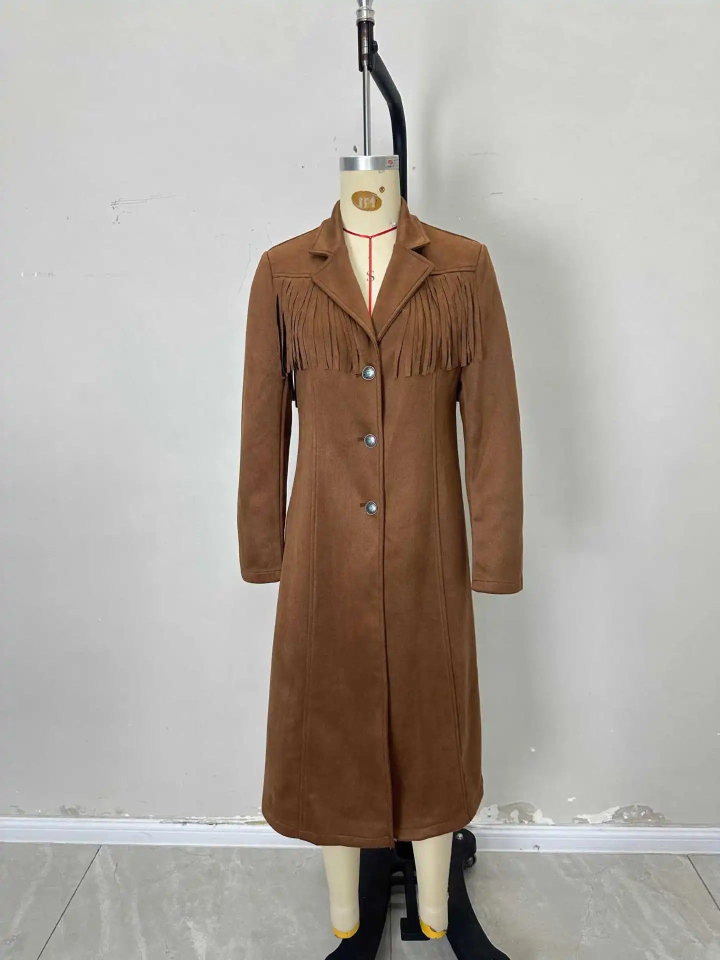 Fringe Suede Long Coat in Brown