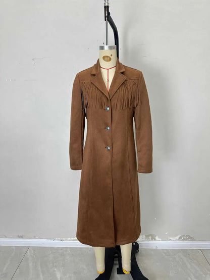 Fringe Suede Long Coat in Brown