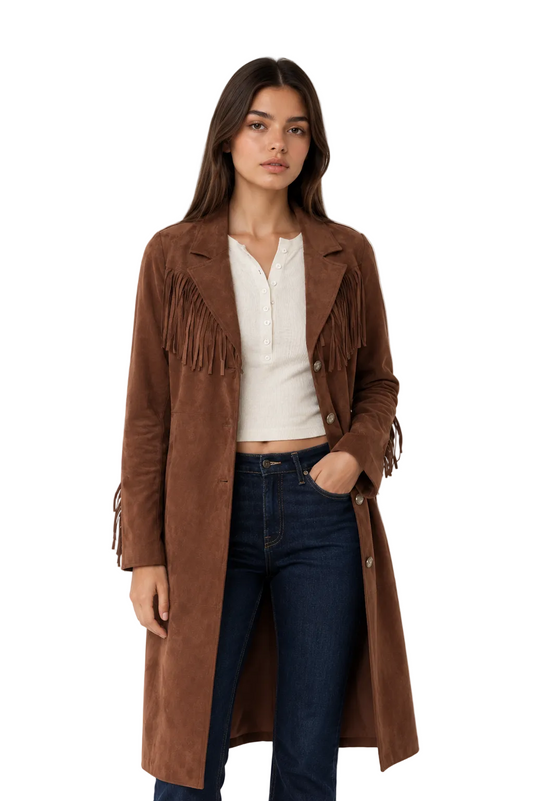 Fringe Suede Long Coat in Brown