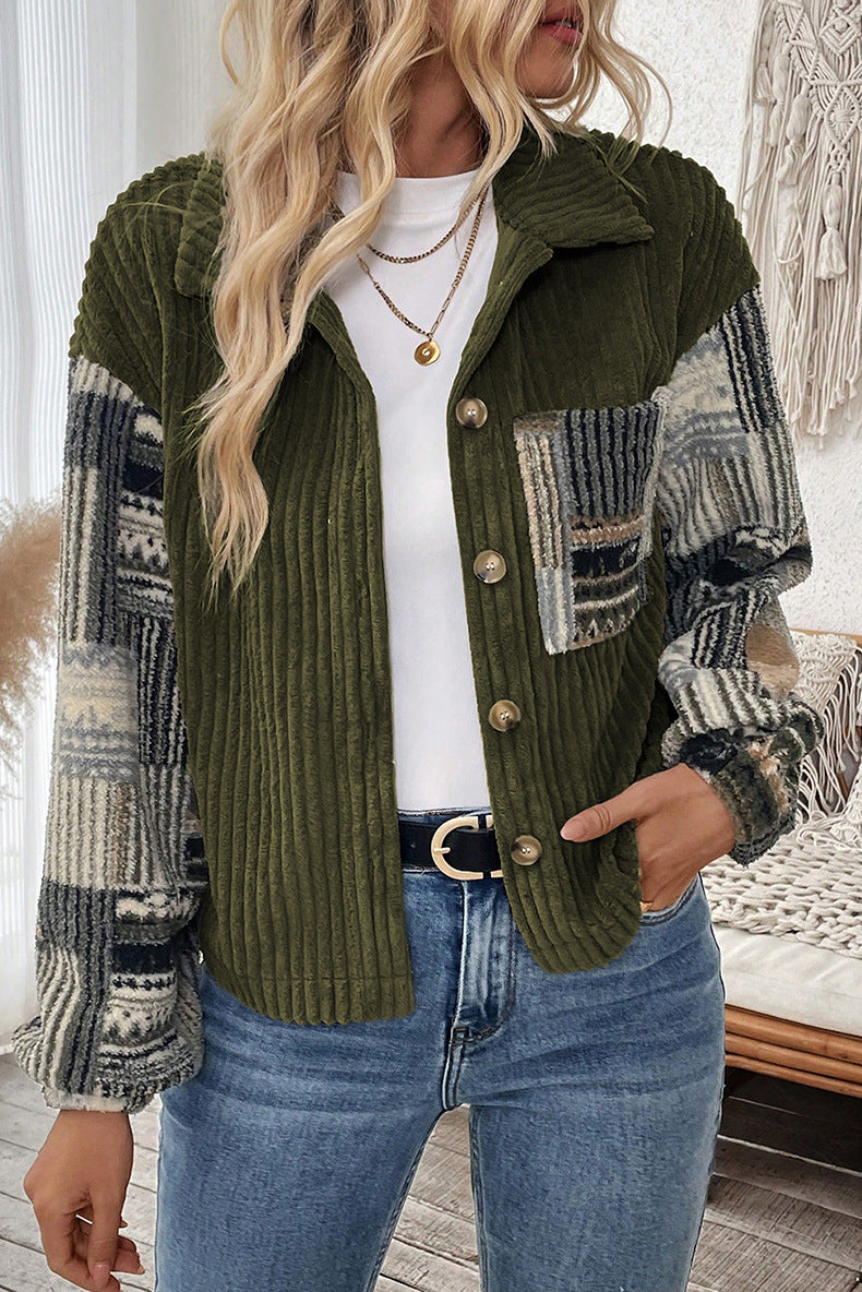 Olive ribbed patchwork shirt jacket