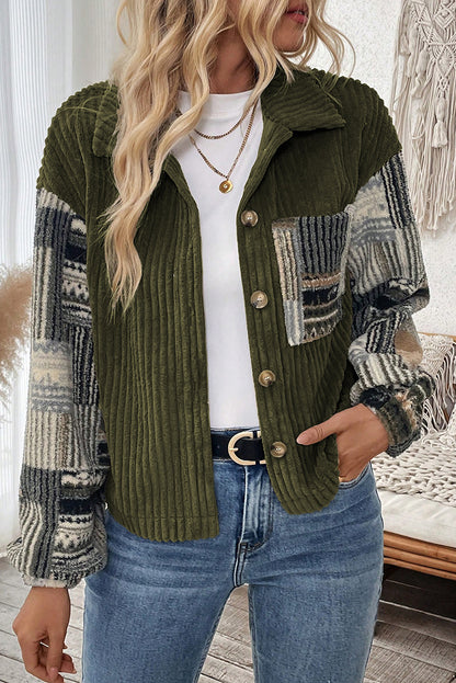 Olive ribbed patchwork shirt jacket