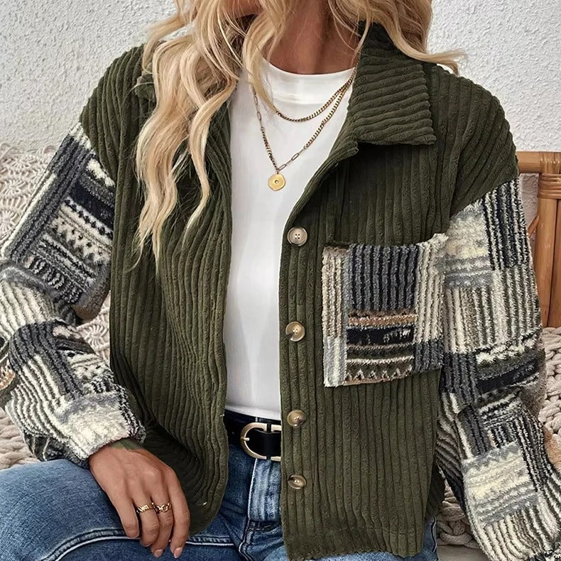 Olive ribbed patchwork shirt jacket