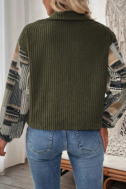 Olive ribbed patchwork shirt jacket