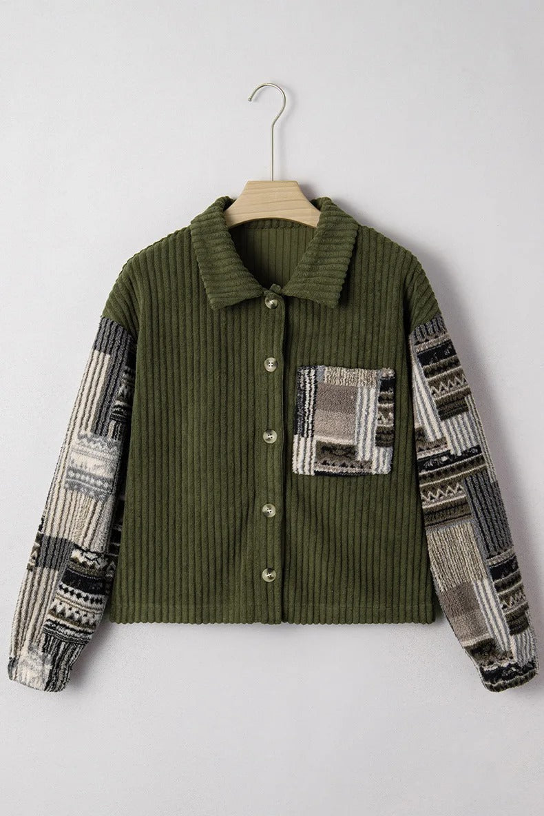 Olive ribbed patchwork shirt jacket