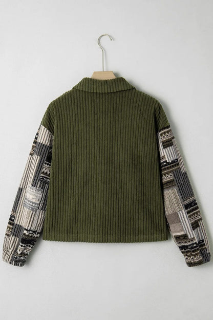 Olive ribbed patchwork shirt jacket