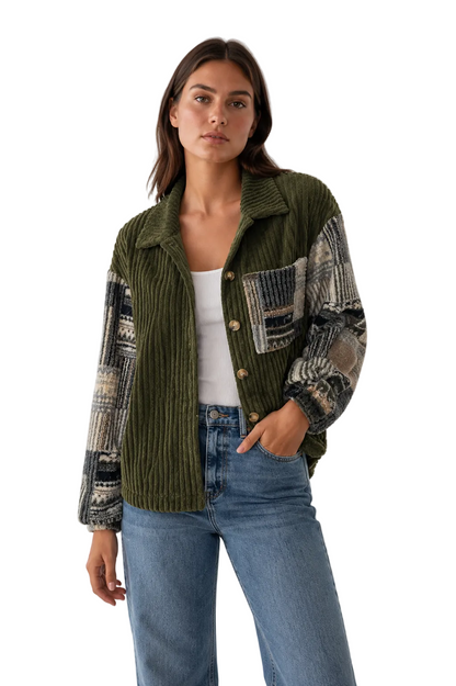 Olive ribbed patchwork shirt jacket