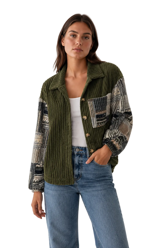 Olive ribbed patchwork shirt jacket