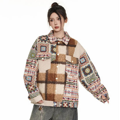 Patchwork Aztec Jacket with Plaid Panel and Oversized Fit
