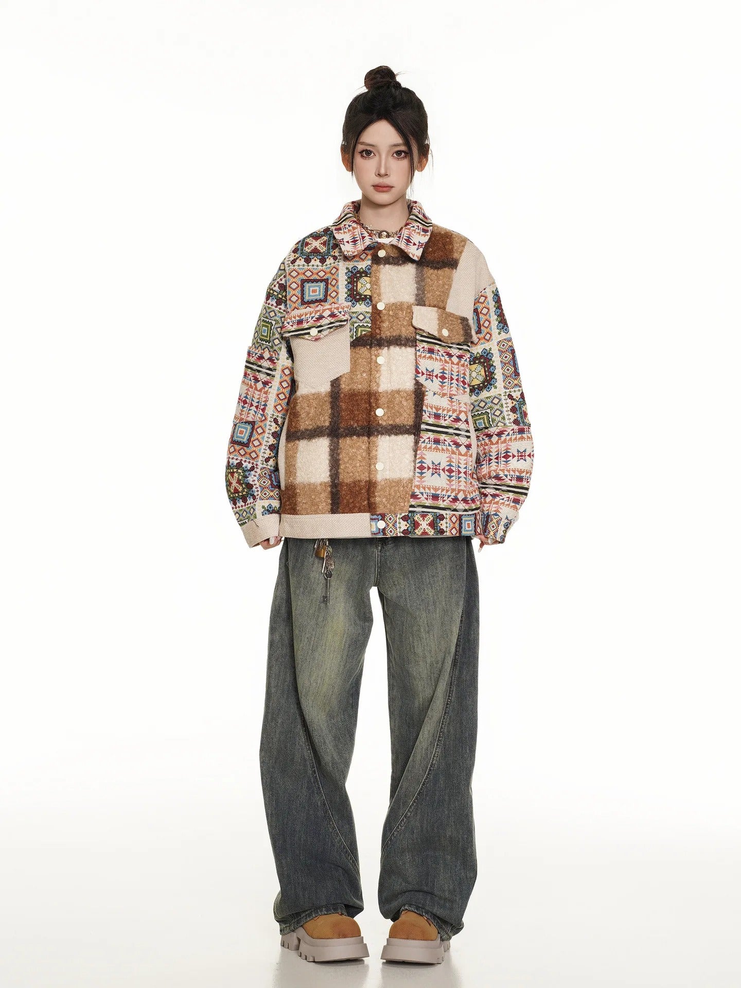 Patchwork Aztec Jacket with Plaid Panel and Oversized Fit