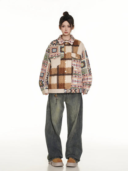 Patchwork Aztec Jacket with Plaid Panel and Oversized Fit