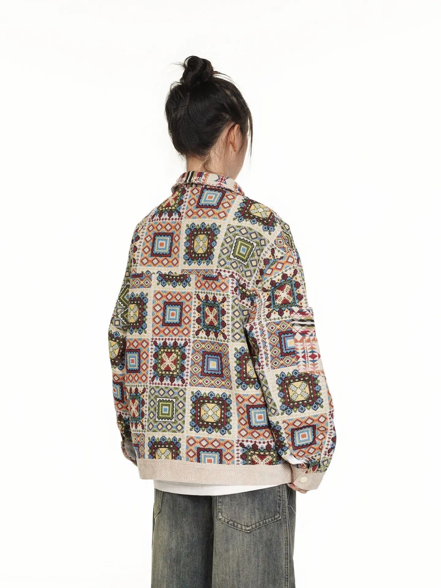 Patchwork Aztec Jacket with Plaid Panel and Oversized Fit