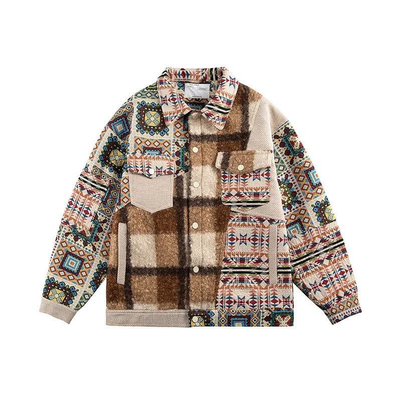 Patchwork Aztec Jacket with Plaid Panel and Oversized Fit