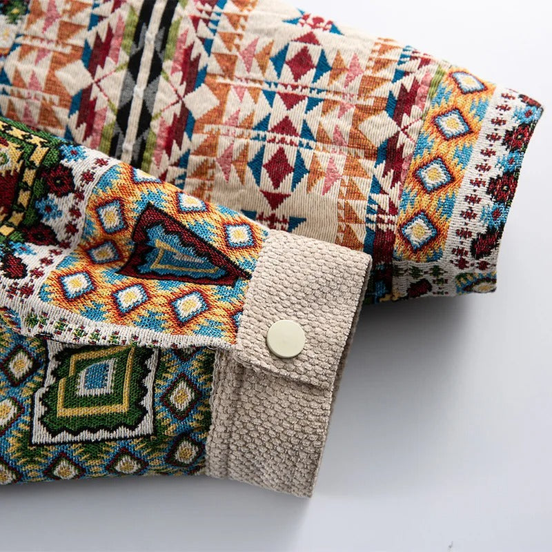 Patchwork Aztec Jacket with Plaid Panel and Oversized Fit