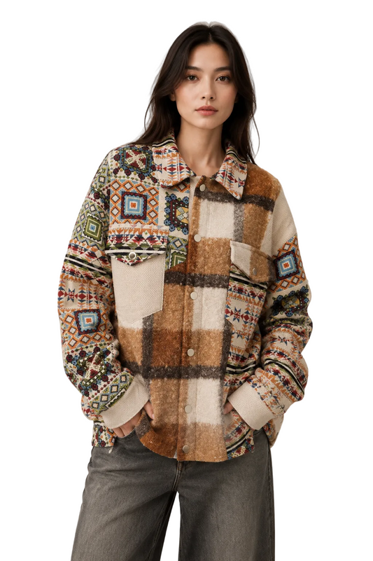 Patchwork Aztec Jacket with Plaid Panel and Oversized Fit