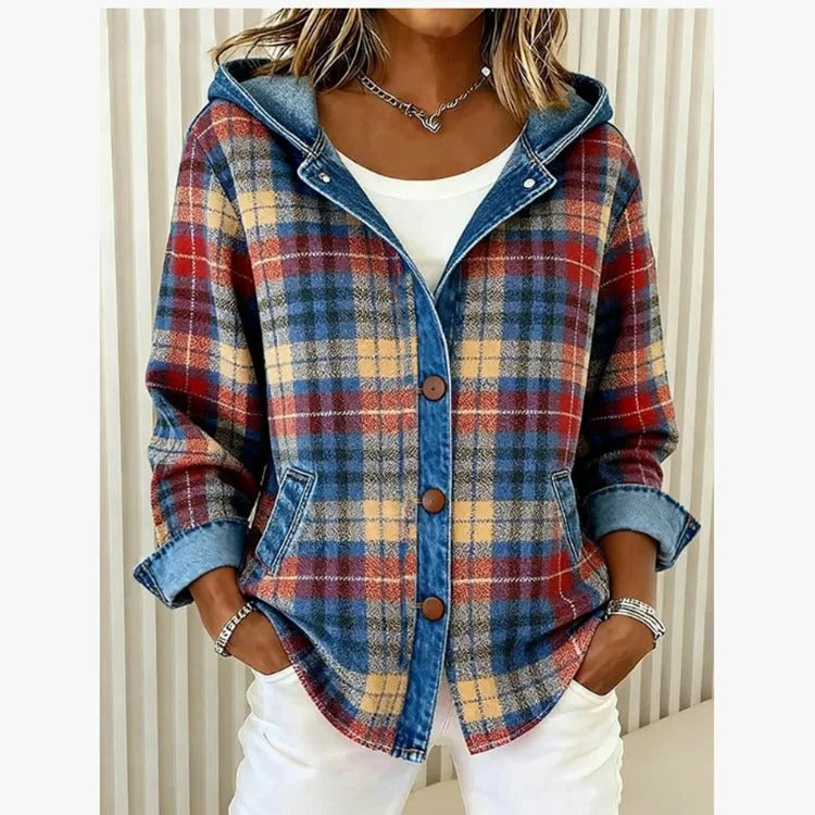 Plaid Hooded Jacket with Denim Contrast Details