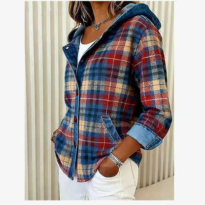 Plaid Hooded Jacket with Denim Contrast Details