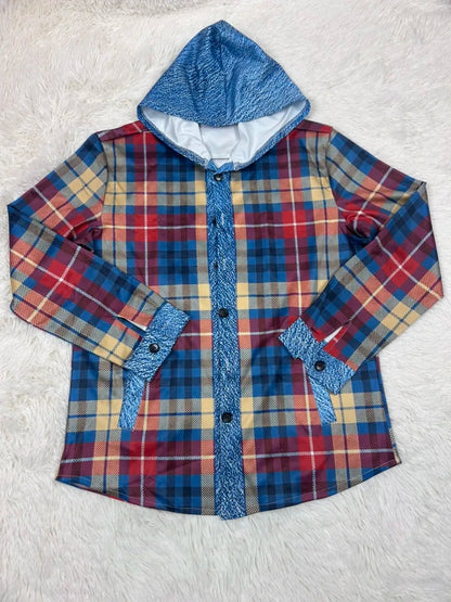 Plaid Hooded Jacket with Denim Contrast Details