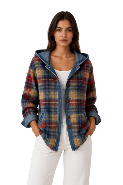 Plaid Hooded Jacket with Denim Contrast Details