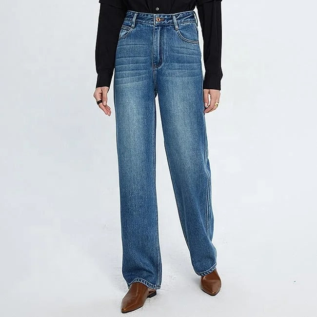 Straight-Leg Blue Jeans with Faded Front Detail