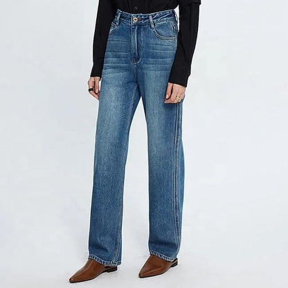 Straight-Leg Blue Jeans with Faded Front Detail