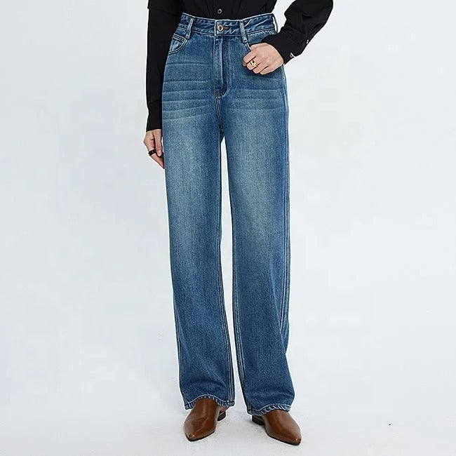 Straight-Leg Blue Jeans with Faded Front Detail