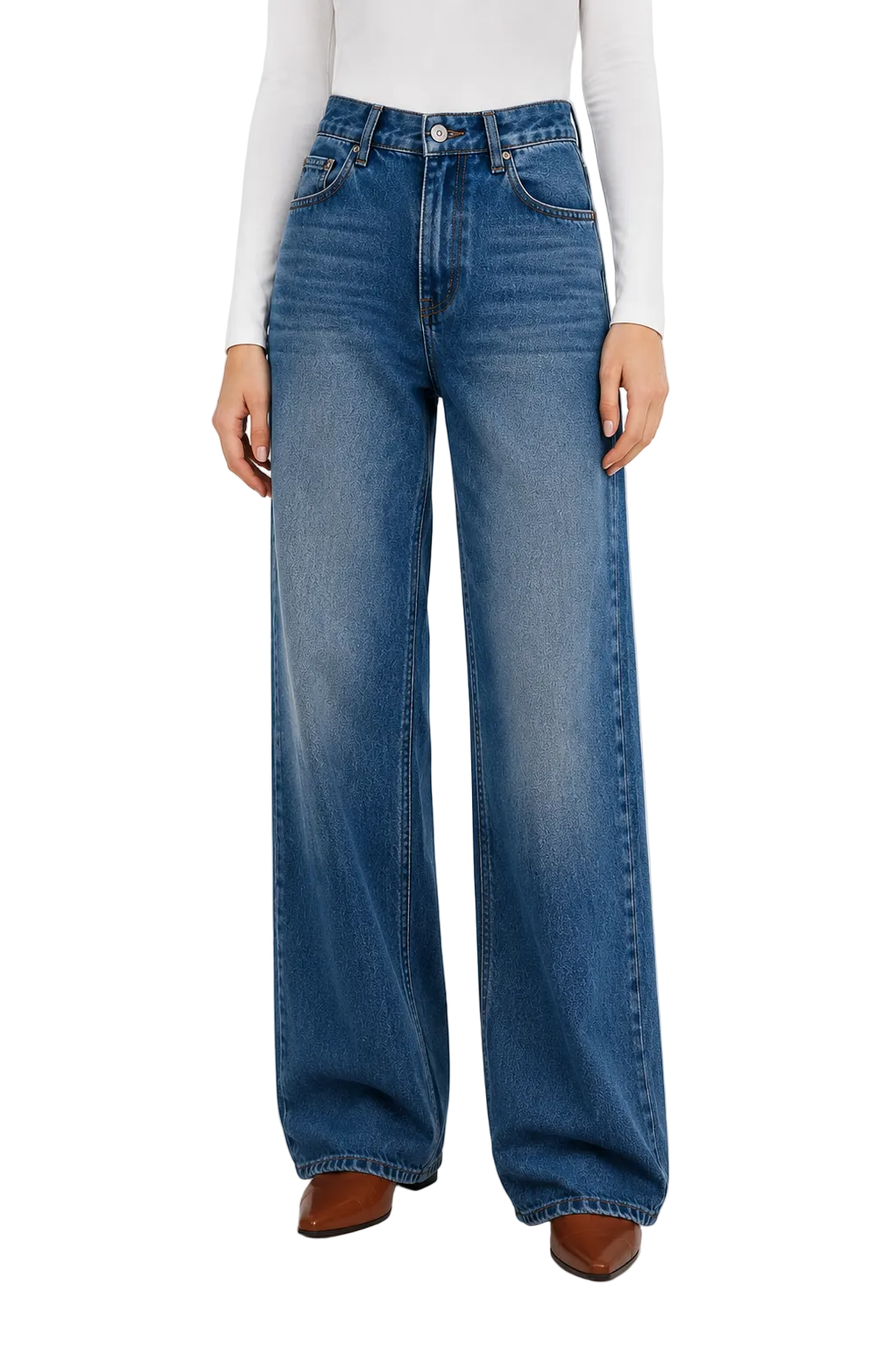 Straight-Leg Blue Jeans with Faded Front Detail