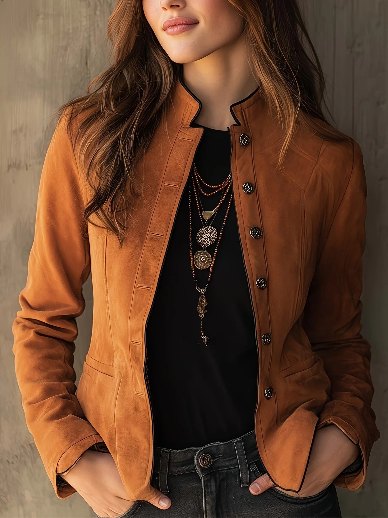 Vintage Style Tailored Button Jacket in Warm Brown
