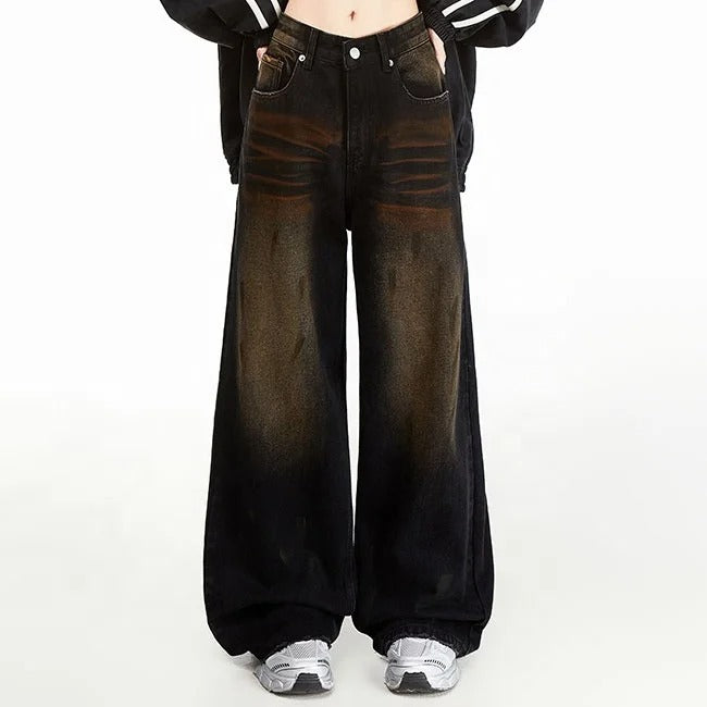 Wide-Leg Black Jeans with Brown Fade Effect