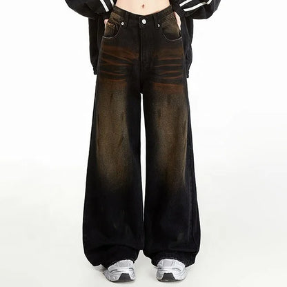 Wide-Leg Black Jeans with Brown Fade Effect