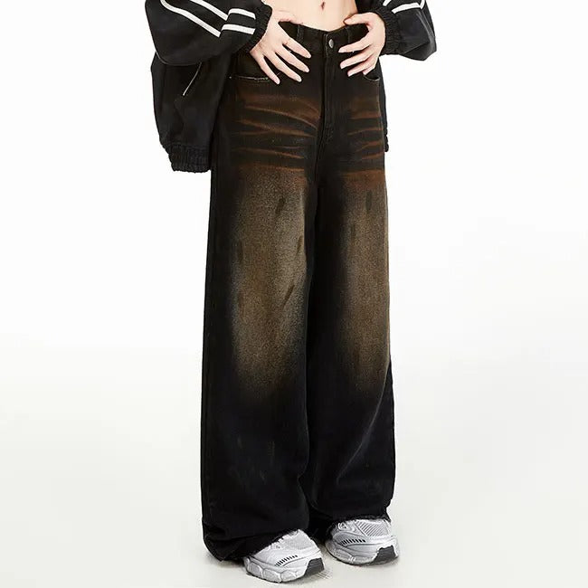 Wide-Leg Black Jeans with Brown Fade Effect