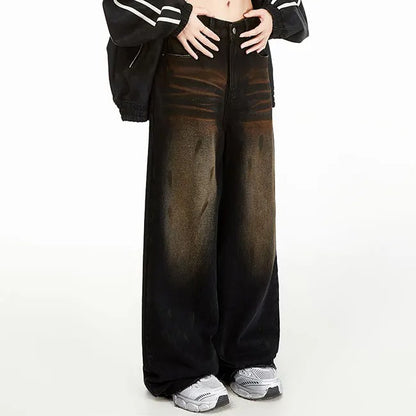 Wide-Leg Black Jeans with Brown Fade Effect