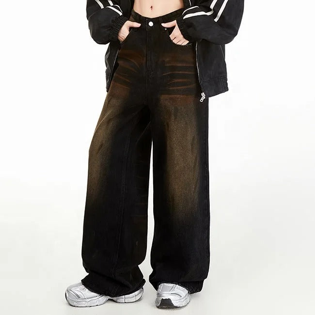 Wide-Leg Black Jeans with Brown Fade Effect