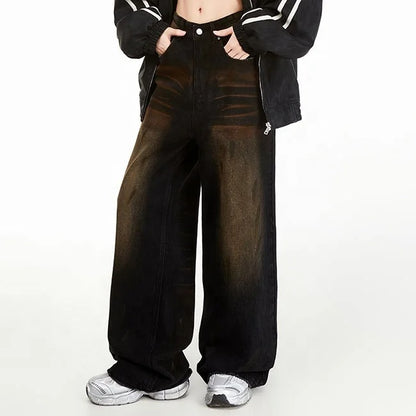 Wide-Leg Black Jeans with Brown Fade Effect