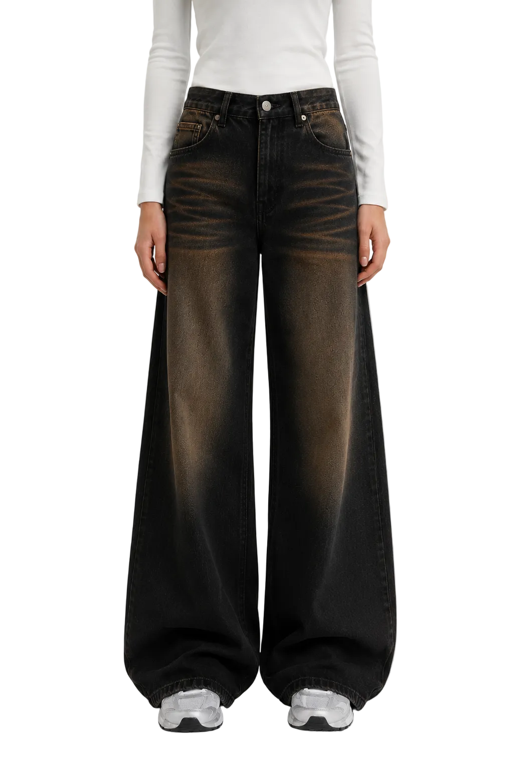 Wide-Leg Black Jeans with Brown Fade Effect