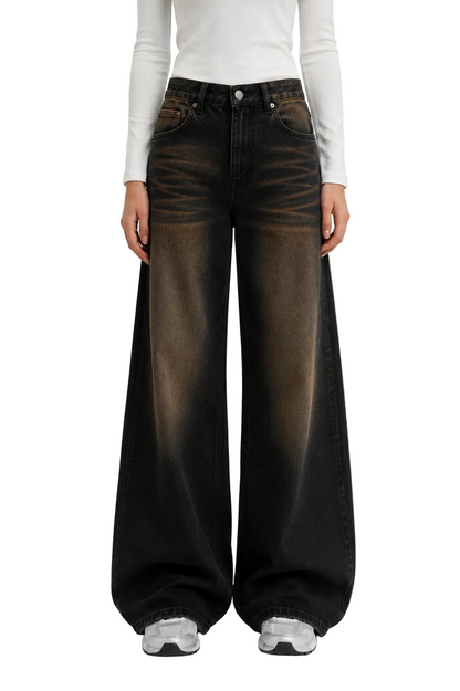 Wide-Leg Black Jeans with Brown Fade Effect